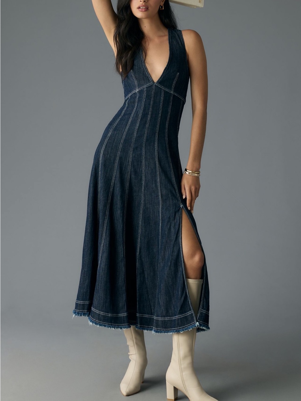 Pilcro Sleeveless Deep V Denim Maxi Dress with Side Slit NWT